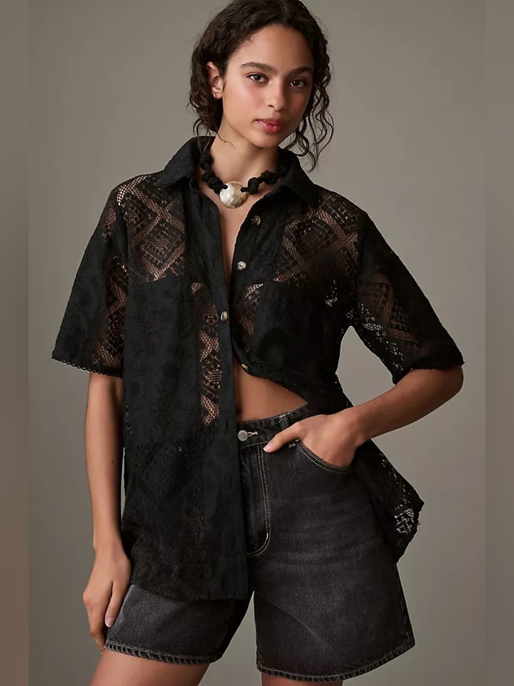 Farm Rio Short Sleeve Black Lace Top Size XS